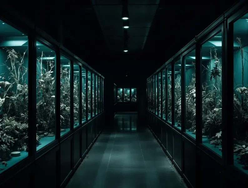 惊悚暗夜 - 免费电影网 惊悚暗夜主题配图,冷光下单排玻璃标本柜与干枯植物
